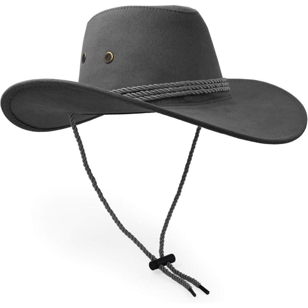Unisex Grey Faux Wide Brim with Braided Band Chin Strap Classic Cowboy Felt Hat - Picture 2 of 7